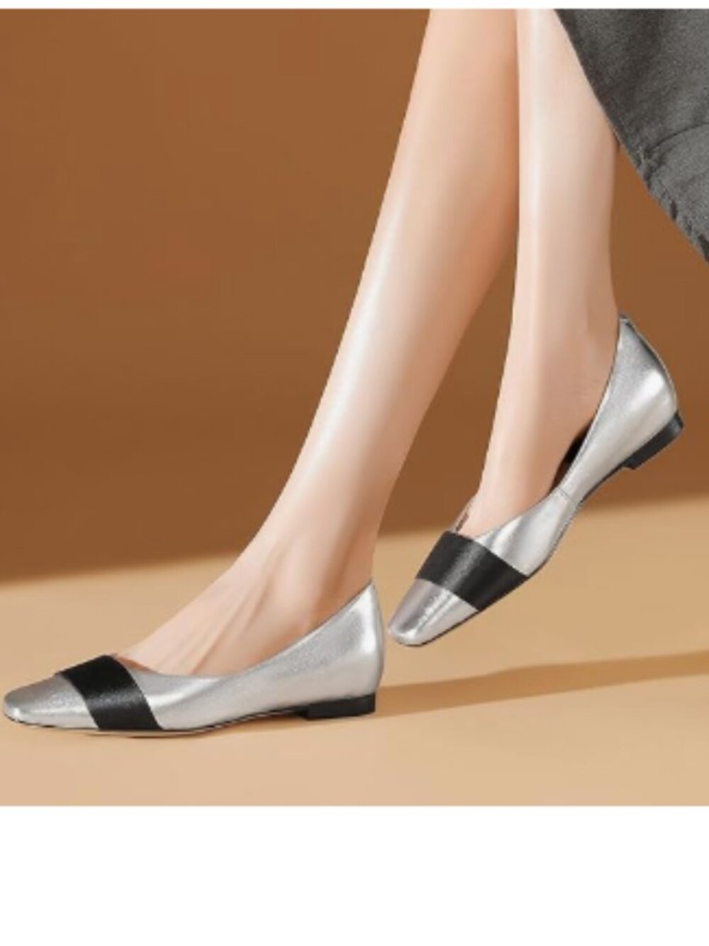miss left Silver Closed Square Toe Ballet Flat Comfy Low Heeled Slip On Shoes
